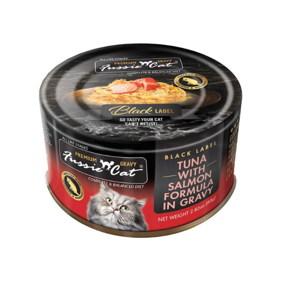 Fussie Cat 黑鑽肉汁主食罐 -  吞拿魚三文魚80g