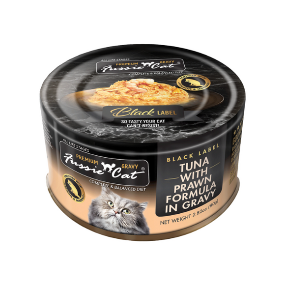 Fussie Cat 黑鑽肉汁主食罐 -  吞拿魚蝦80g