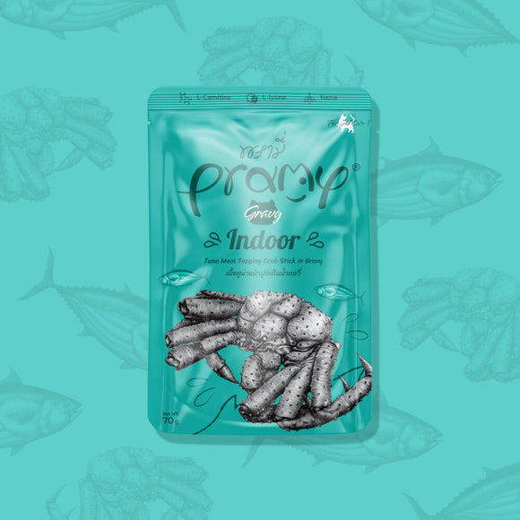 Prampy 功能性貓濕包[肉汁系列] - 室內貓配方 / 高級白肉吞拿魚＋蟹肉70g