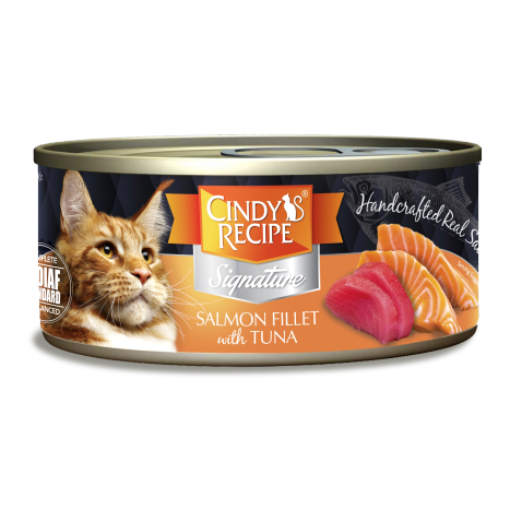 Cindy’s Recipe® Signature貓罐 - 三文魚配吞拿魚湯黑罐 70g (橙)