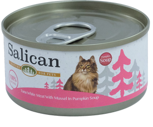 Salican 挪威森林 - 白肉吞拿魚、青口、南瓜湯貓罐頭85g (桃紅)